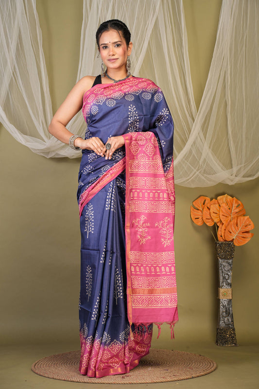 Anuttara Bhagalpuri Navy::Pink Cotton Silk Abstract Saree with Unstitched Blouse_AFS1354-FS
