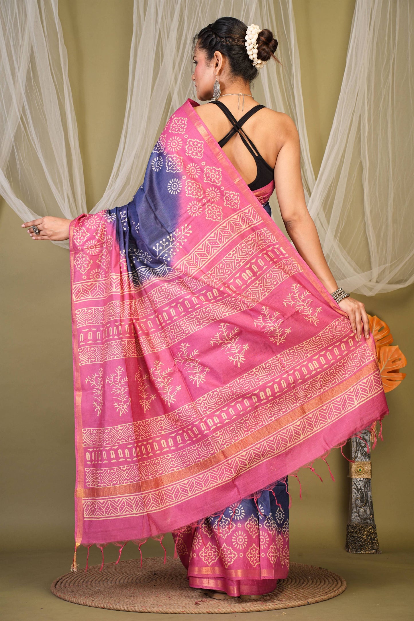Anuttara Bhagalpuri Navy::Pink Cotton Silk Abstract Saree with Unstitched Blouse_AFS1354-FS