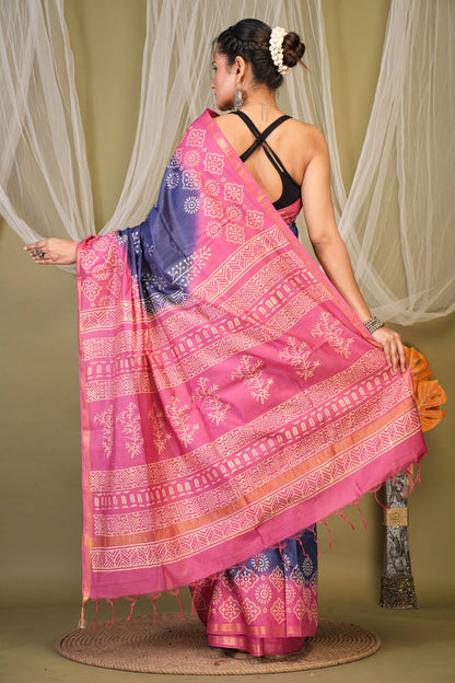 Anuttara Bhagalpuri Navy::Pink Cotton Silk Abstract Saree with Unstitched Blouse_AFS1354-FS