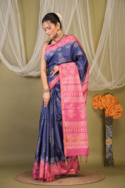 Anuttara Bhagalpuri Navy::Pink Cotton Silk Abstract Saree with Unstitched Blouse_AFS1354-FS