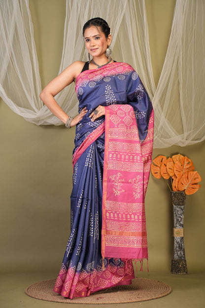 Anuttara Bhagalpuri Navy::Pink Cotton Silk Abstract Saree with Unstitched Blouse_AFS1354-FS
