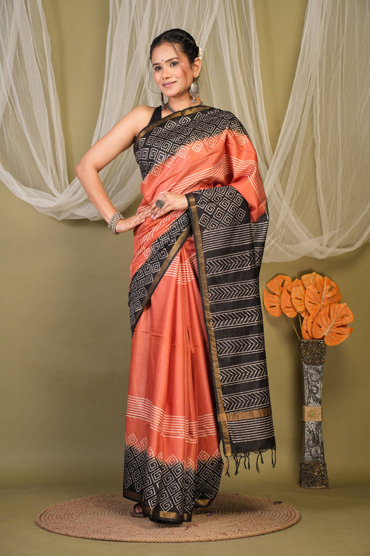 Anuttara Bhagalpuri Rust::Black Cotton Silk Stripe, Geometric Saree with Unstitched Blouse_AFS1355-FS