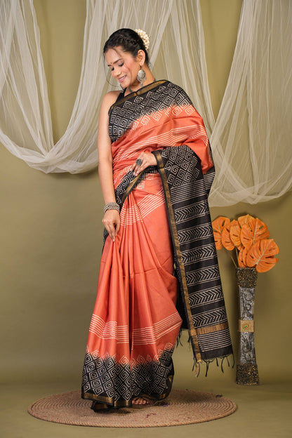 Anuttara Bhagalpuri Rust::Black Cotton Silk Stripe, Geometric Saree with Unstitched Blouse_AFS1355-FS