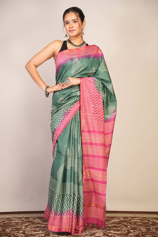 Anuttara Bhagalpuri Green Teal::Pink Cotton Silk Floral, Zig-Zag Saree with Unstitched Blouse_AFS1356-FS