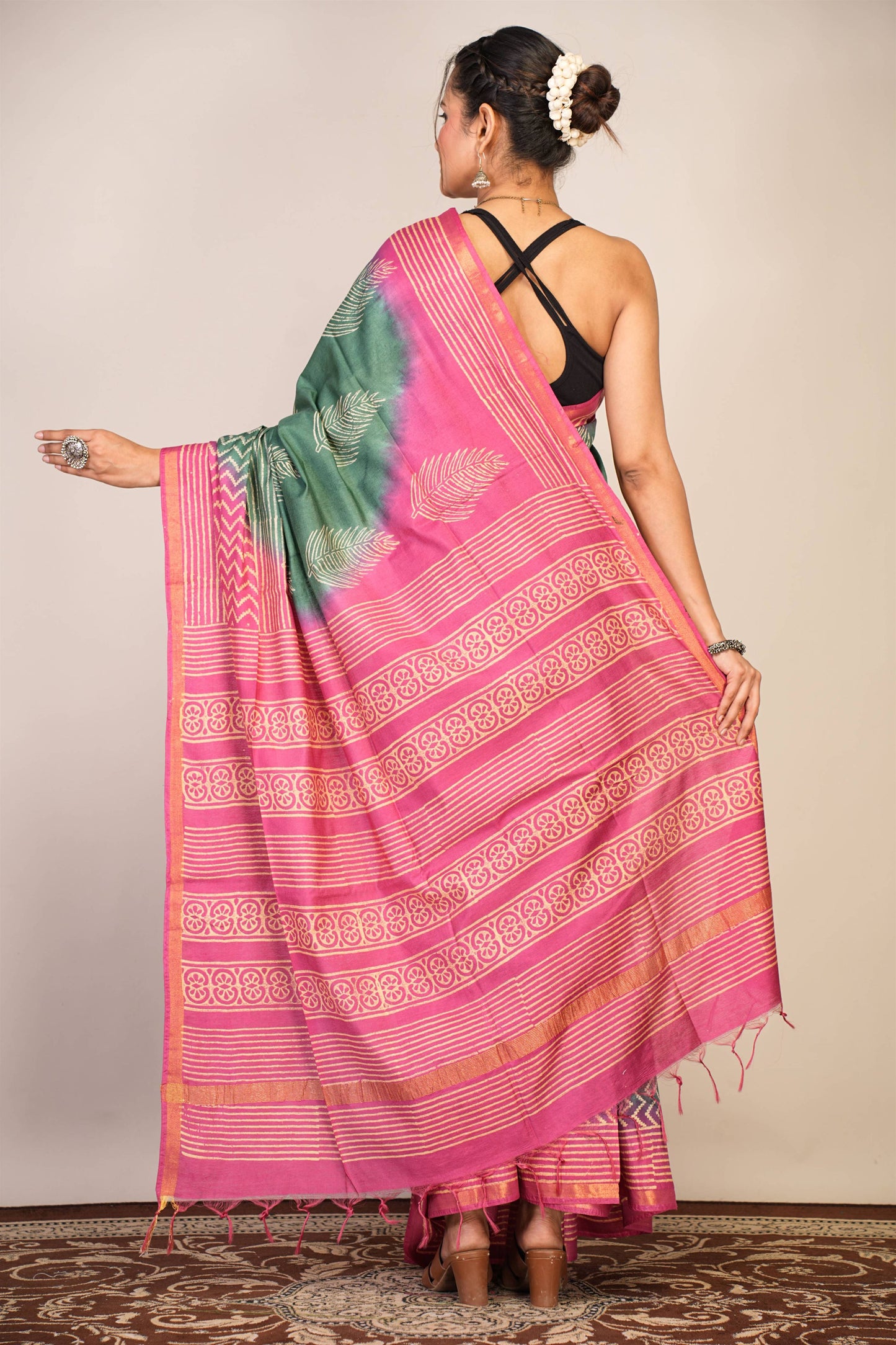 Anuttara Bhagalpuri Green Teal::Pink Cotton Silk Floral, Zig-Zag Saree with Unstitched Blouse_AFS1356-FS