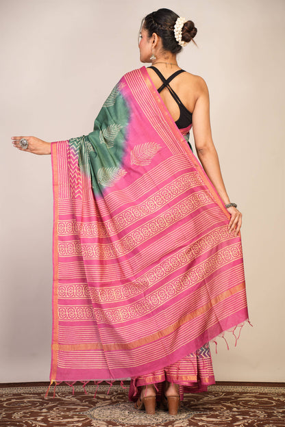 Anuttara Bhagalpuri Green Teal::Pink Cotton Silk Floral, Zig-Zag Saree with Unstitched Blouse_AFS1356-FS