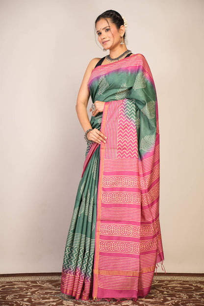 Anuttara Bhagalpuri Green Teal::Pink Cotton Silk Floral, Zig-Zag Saree with Unstitched Blouse_AFS1356-FS