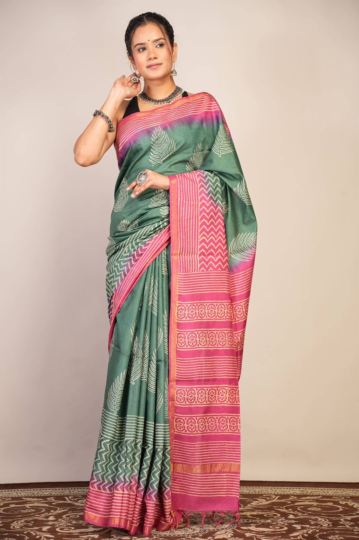 Anuttara Bhagalpuri Green Teal::Pink Cotton Silk Floral, Zig-Zag Saree with Unstitched Blouse_AFS1356-FS