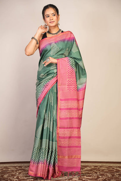 Anuttara Bhagalpuri Green Teal::Pink Cotton Silk Floral, Zig-Zag Saree with Unstitched Blouse_AFS1356-FS
