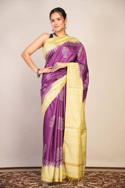 Anuttara Bhagalpuri Purple::Green Cotton Silk Floral, Zig-Zag Saree with Unstitched Blouse_AFS1357-FS