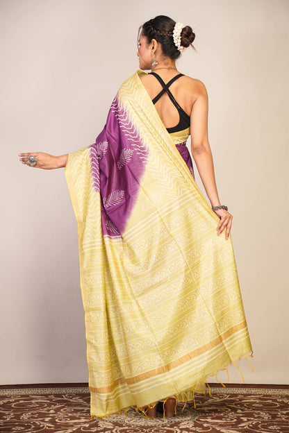 Anuttara Bhagalpuri Purple::Green Cotton Silk Floral, Zig-Zag Saree with Unstitched Blouse_AFS1357-FS