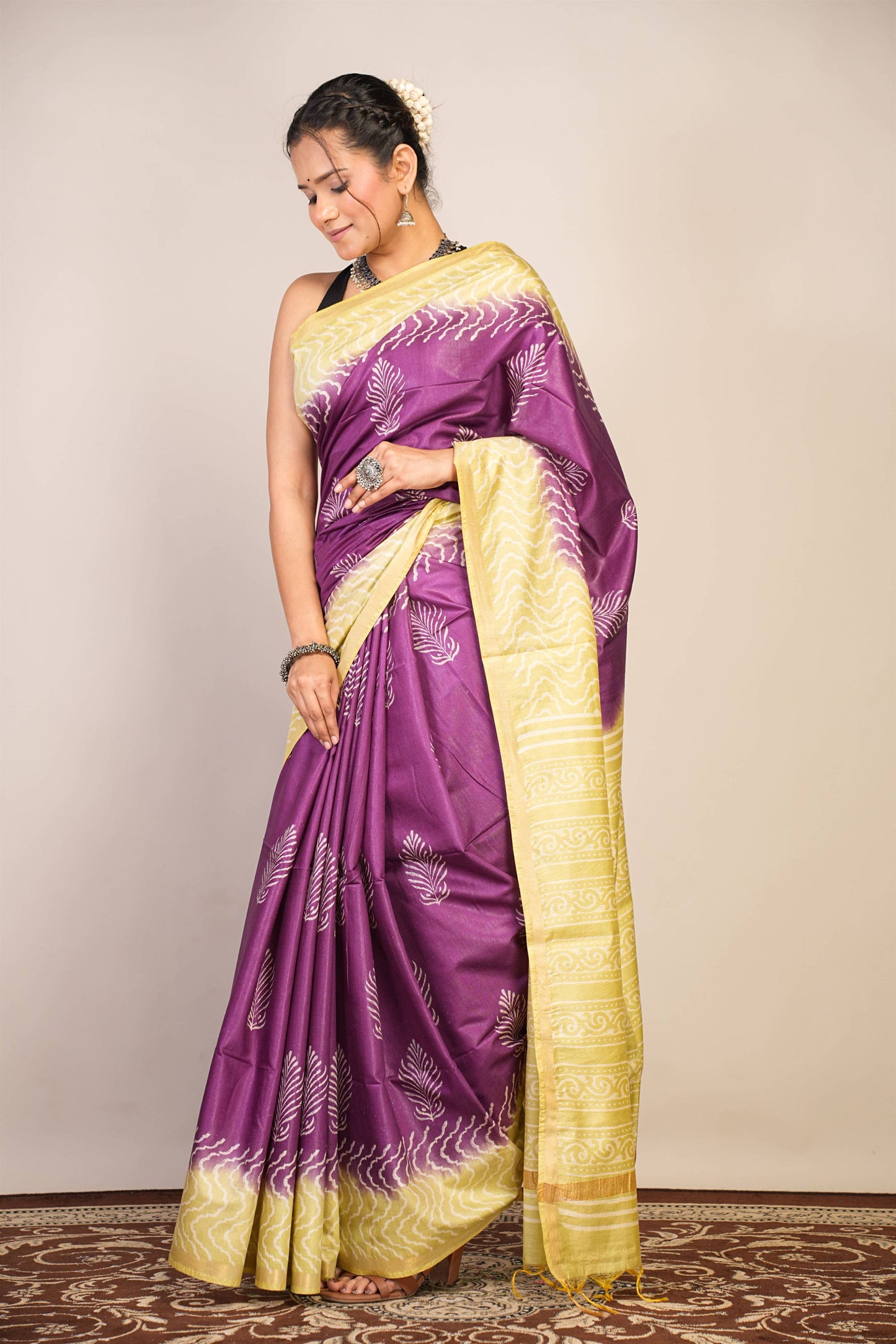 Anuttara Bhagalpuri Purple::Green Cotton Silk Floral, Zig-Zag Saree with Unstitched Blouse_AFS1357-FS