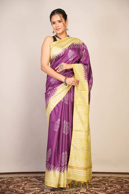 Anuttara Bhagalpuri Purple::Green Cotton Silk Floral, Zig-Zag Saree with Unstitched Blouse_AFS1357-FS