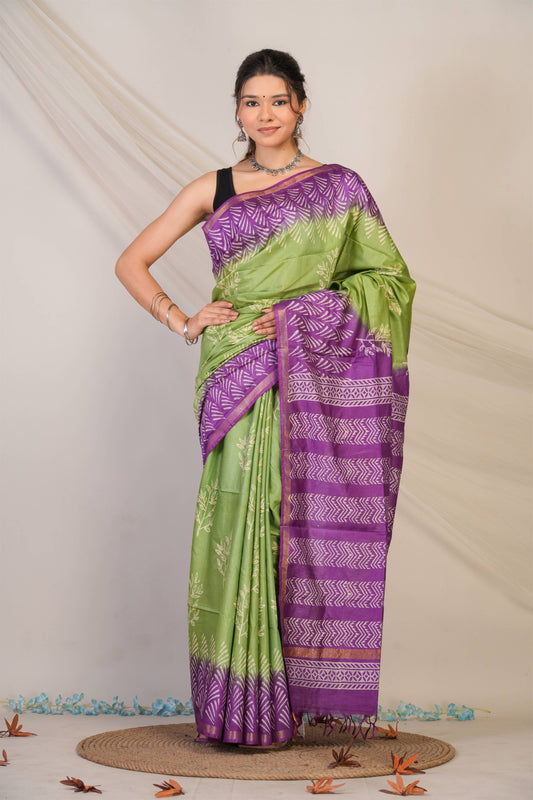 Anuttara Bhagalpuri Green::Violet Cotton Silk Floral Saree with Unstitched Blouse_AFS1358-FS