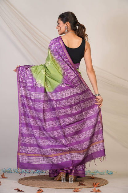 Anuttara Bhagalpuri Green::Violet Cotton Silk Floral Saree with Unstitched Blouse_AFS1358-FS