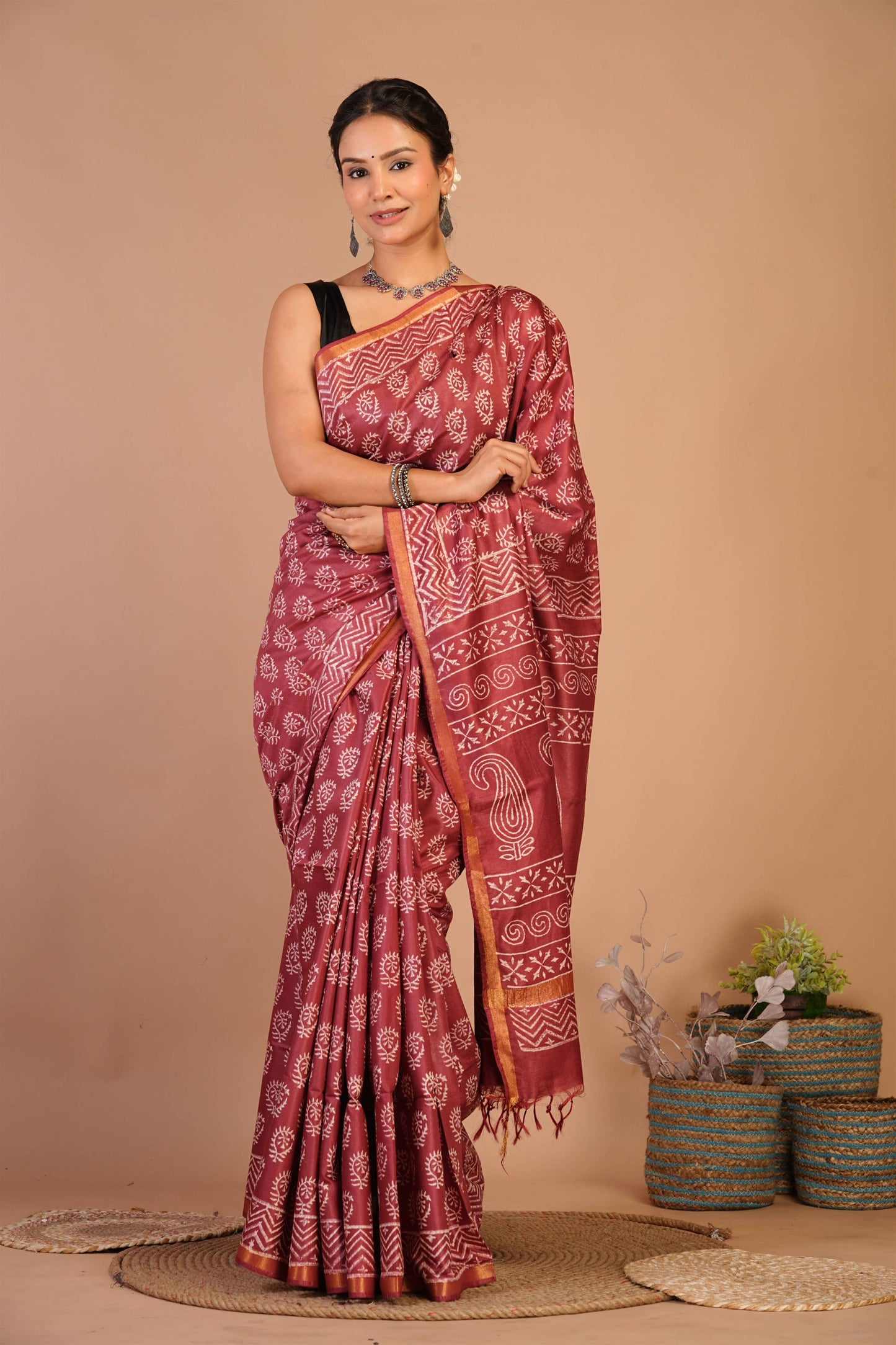 Anuttara Bhagalpuri Rust Cotton Silk Floral, Paisley Saree with Unstitched Blouse_AFS1359-FS