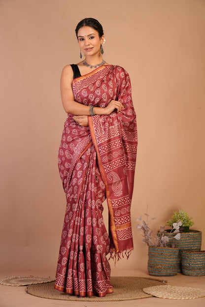 Anuttara Bhagalpuri Rust Cotton Silk Floral, Paisley Saree with Unstitched Blouse_AFS1359-FS