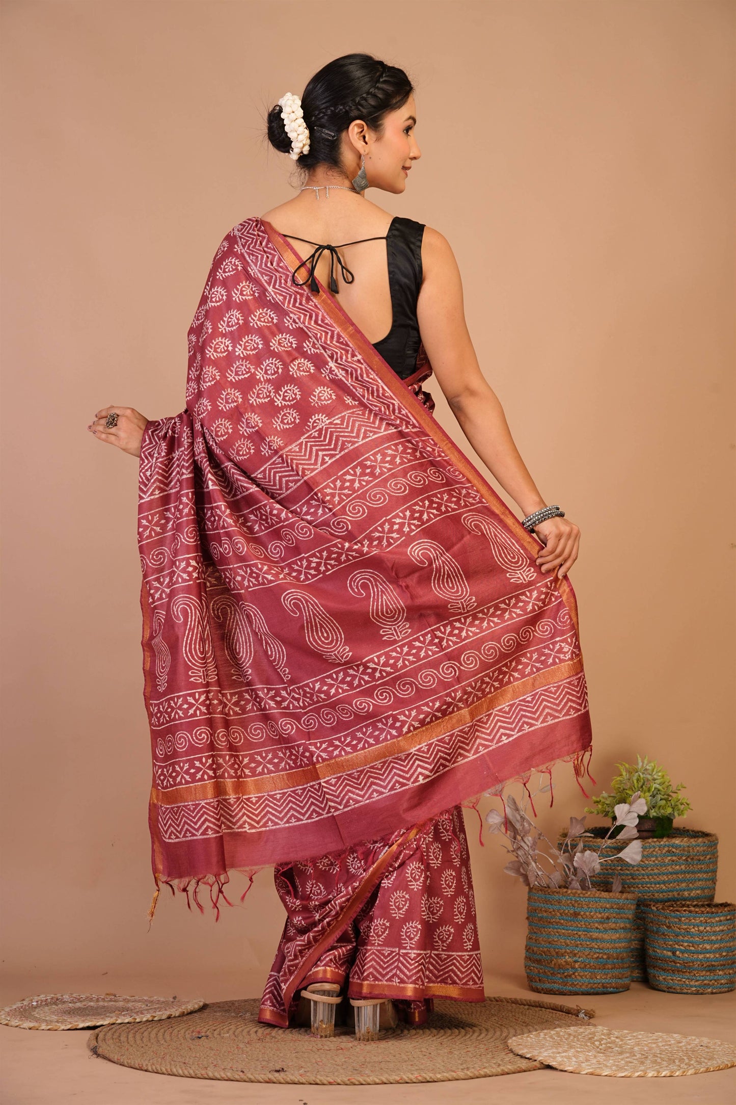 Anuttara Bhagalpuri Rust Cotton Silk Floral, Paisley Saree with Unstitched Blouse_AFS1359-FS
