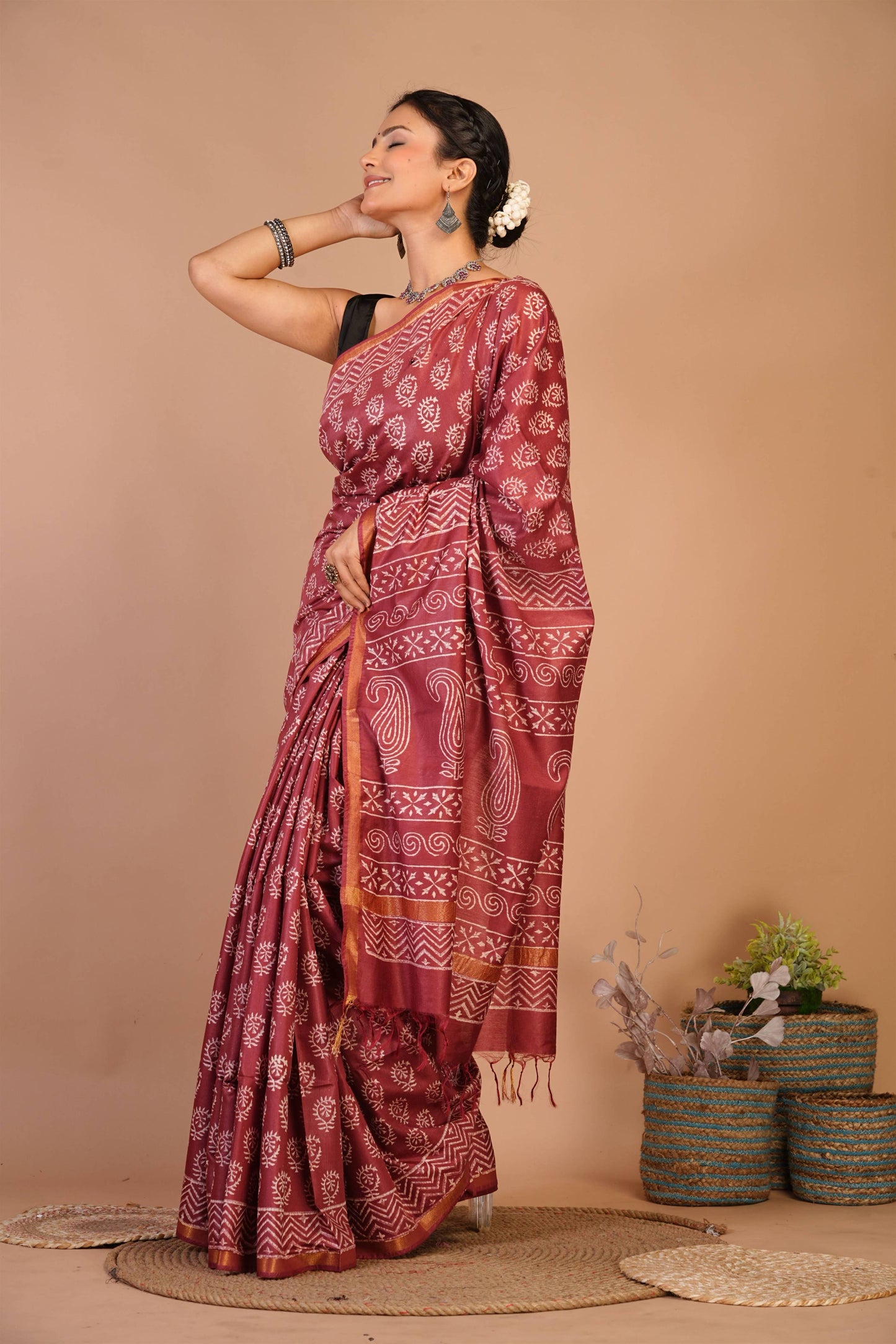 Anuttara Bhagalpuri Rust Cotton Silk Floral, Paisley Saree with Unstitched Blouse_AFS1359-FS