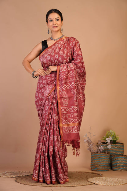 Anuttara Bhagalpuri Rust Cotton Silk Floral, Paisley Saree with Unstitched Blouse_AFS1359-FS