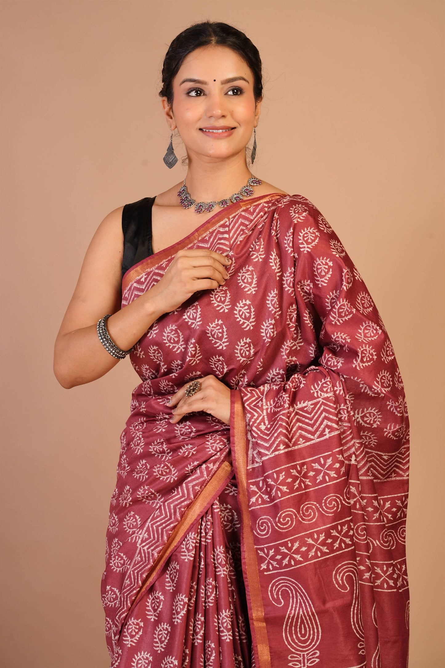 Anuttara Bhagalpuri Rust Cotton Silk Floral, Paisley Saree with Unstitched Blouse_AFS1359-FS