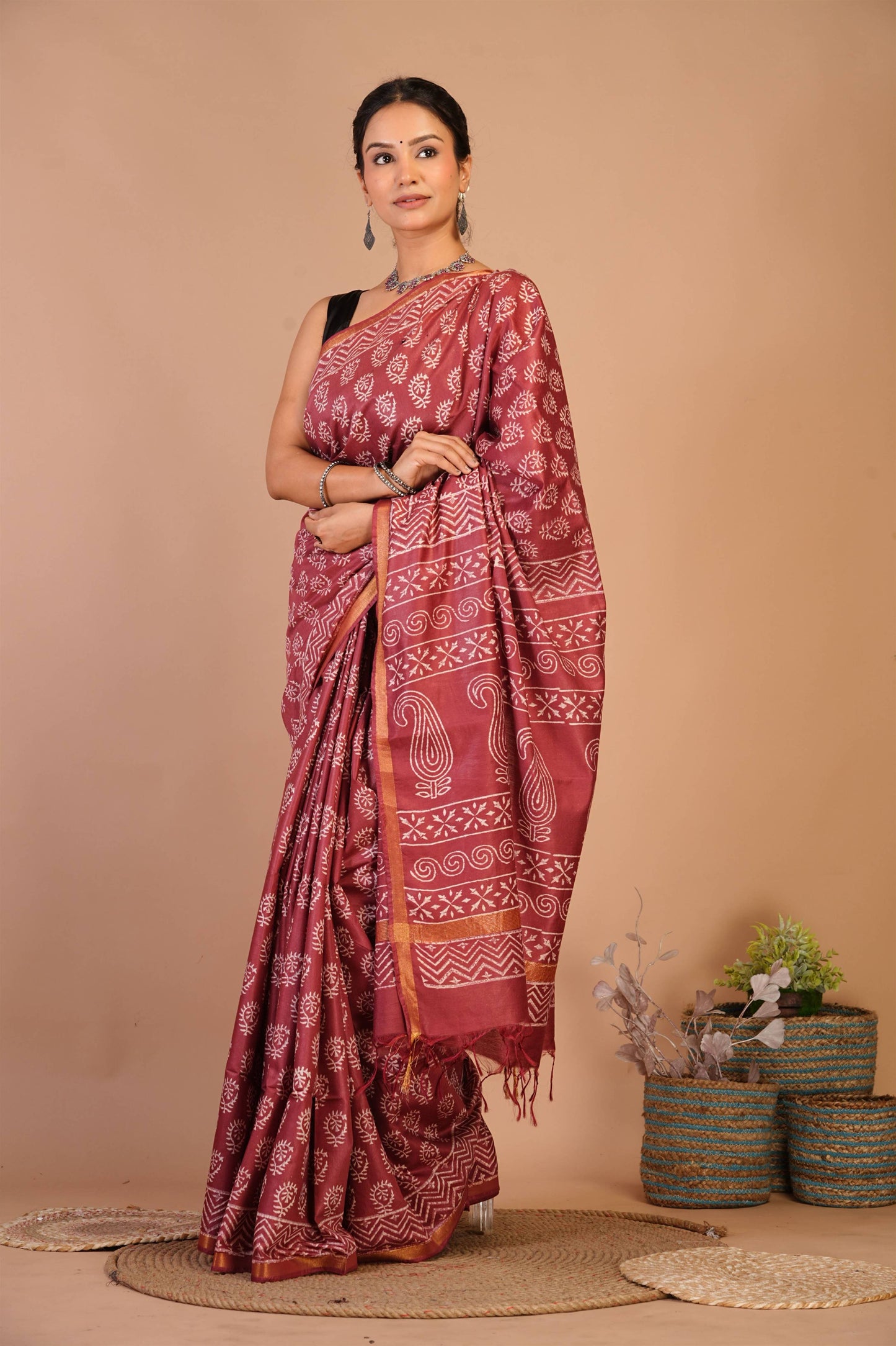 Anuttara Bhagalpuri Rust Cotton Silk Floral, Paisley Saree with Unstitched Blouse_AFS1359-FS