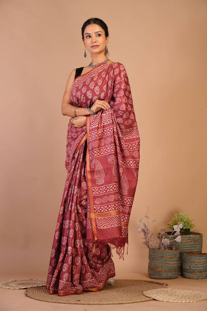 Anuttara Bhagalpuri Rust Cotton Silk Floral, Paisley Saree with Unstitched Blouse_AFS1359-FS