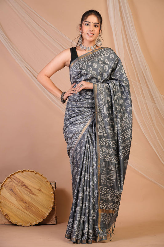 Anuttara Bhagalpuri Grey Cotton Silk Floral, Paisley Saree with Unstitched Blouse_AFS1360-FS