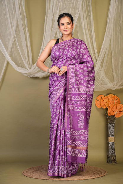 Anuttara Bhagalpuri Violet Cotton Silk Floral, Paisley Saree with Unstitched Blouse_AFS1361-FS