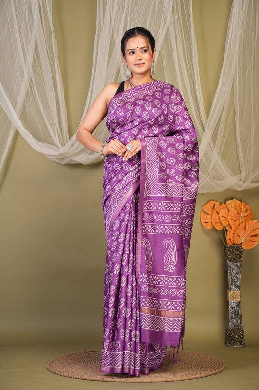 Anuttara Bhagalpuri Violet Cotton Silk Floral, Paisley Saree with Unstitched Blouse_AFS1361-FS