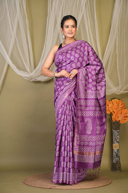 Anuttara Bhagalpuri Violet Cotton Silk Floral, Paisley Saree with Unstitched Blouse_AFS1361-FS