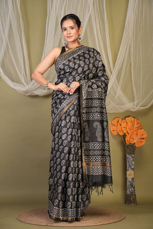 Anuttara Bhagalpuri Black Cotton Silk Floral, Paisley Saree with Unstitched Blouse_AFS1362-FS