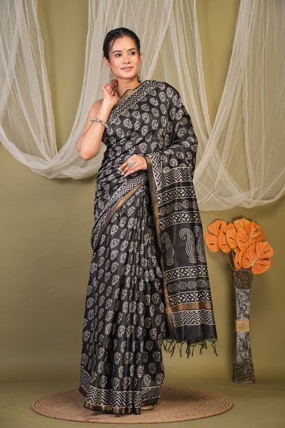 Anuttara Bhagalpuri Black Cotton Silk Floral, Paisley Saree with Unstitched Blouse_AFS1362-FS
