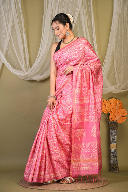 Anuttara Bhagalpuri Pink Cotton Silk Floral, Paisley Saree with Unstitched Blouse_AFS1363-FS