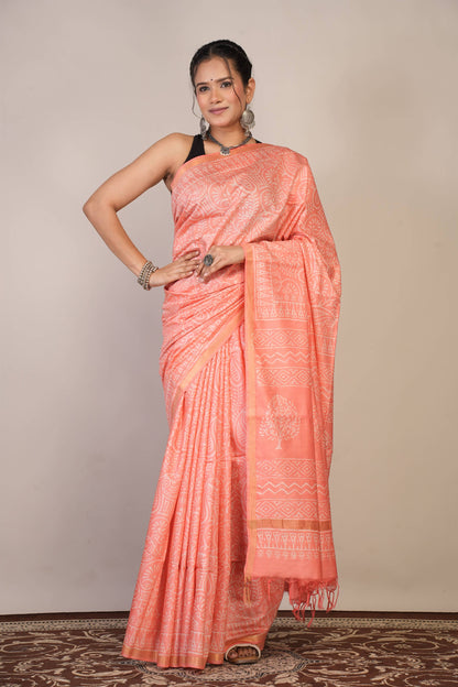 Anuttara Bhagalpuri Peach Cotton Silk Floral, Paisley Saree with Unstitched Blouse_AFS1364-FS