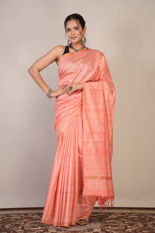 Anuttara Bhagalpuri Peach Cotton Silk Floral, Paisley Saree with Unstitched Blouse_AFS1364-FS