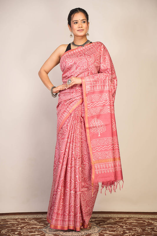 Anuttara Bhagalpuri Salmon Pink Cotton Silk Floral, Paisley Saree with Unstitched Blouse_AFS1365-FS