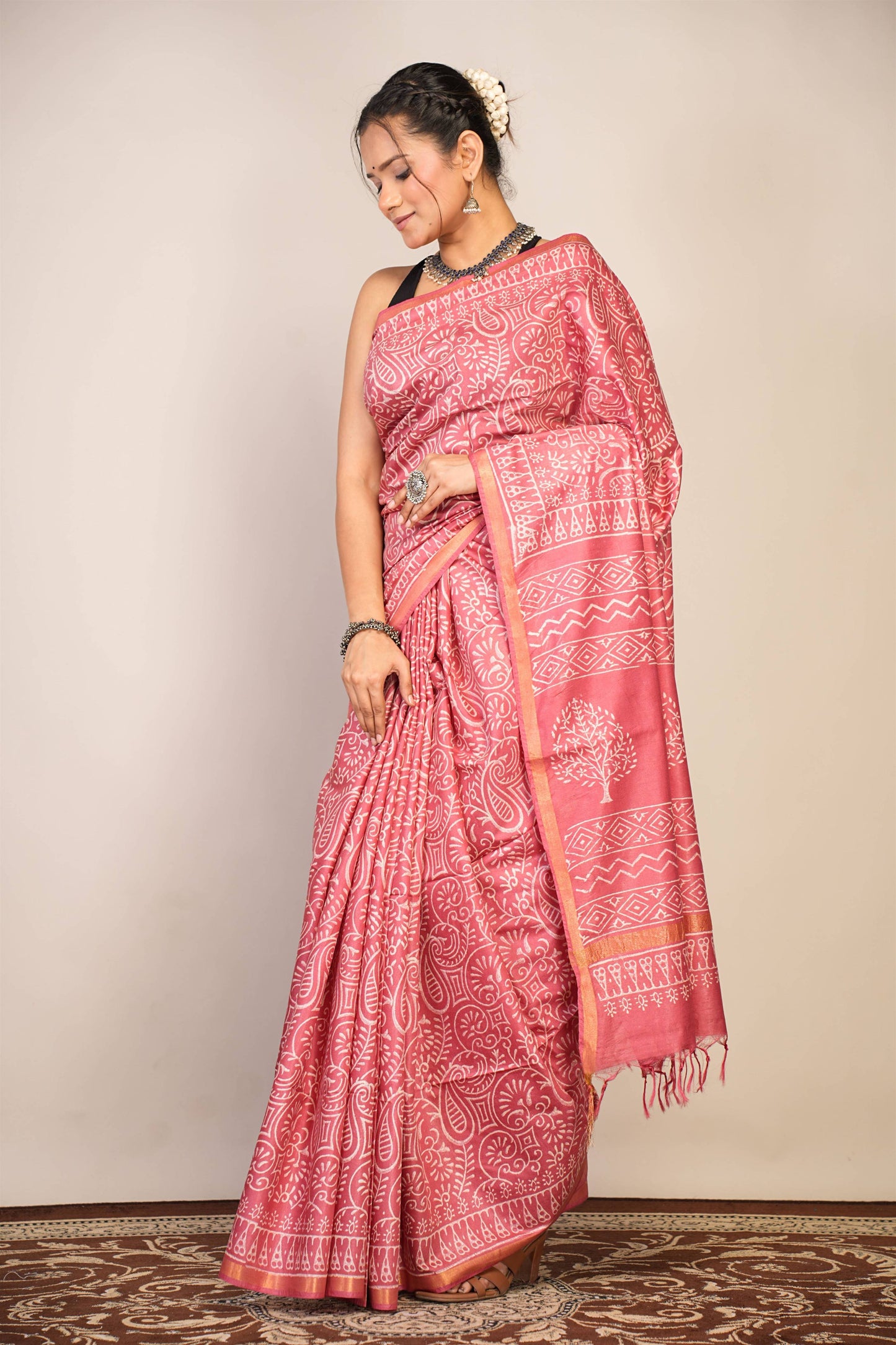 Anuttara Bhagalpuri Salmon Pink Cotton Silk Floral, Paisley Saree with Unstitched Blouse_AFS1365-FS