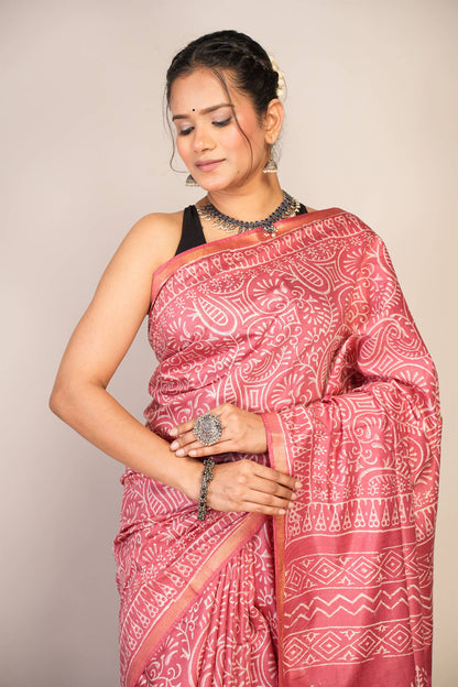 Anuttara Bhagalpuri Salmon Pink Cotton Silk Floral, Paisley Saree with Unstitched Blouse_AFS1365-FS