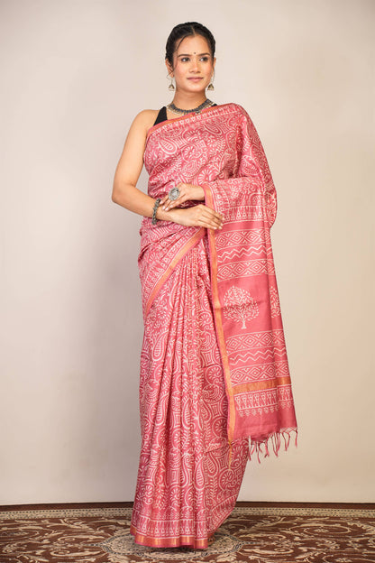 Anuttara Bhagalpuri Salmon Pink Cotton Silk Floral, Paisley Saree with Unstitched Blouse_AFS1365-FS