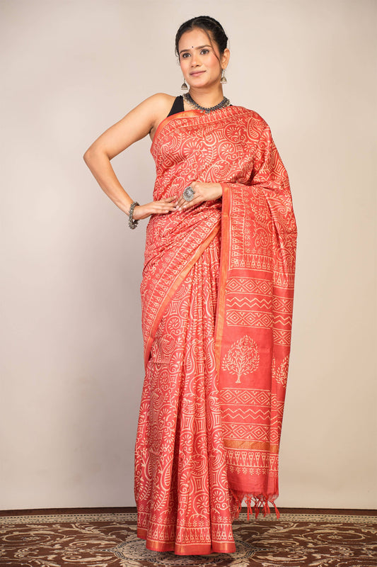Anuttara Bhagalpuri Red Cotton Silk Floral, Paisley Saree with Unstitched Blouse_AFS1366-FS