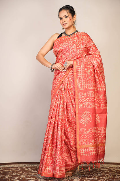 Anuttara Bhagalpuri Red Cotton Silk Floral, Paisley Saree with Unstitched Blouse_AFS1366-FS