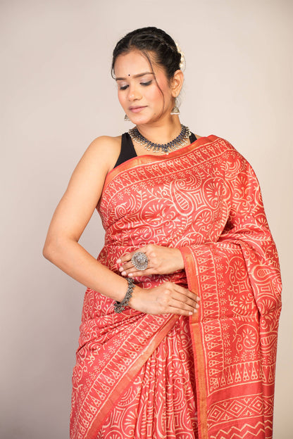 Anuttara Bhagalpuri Red Cotton Silk Floral, Paisley Saree with Unstitched Blouse_AFS1366-FS