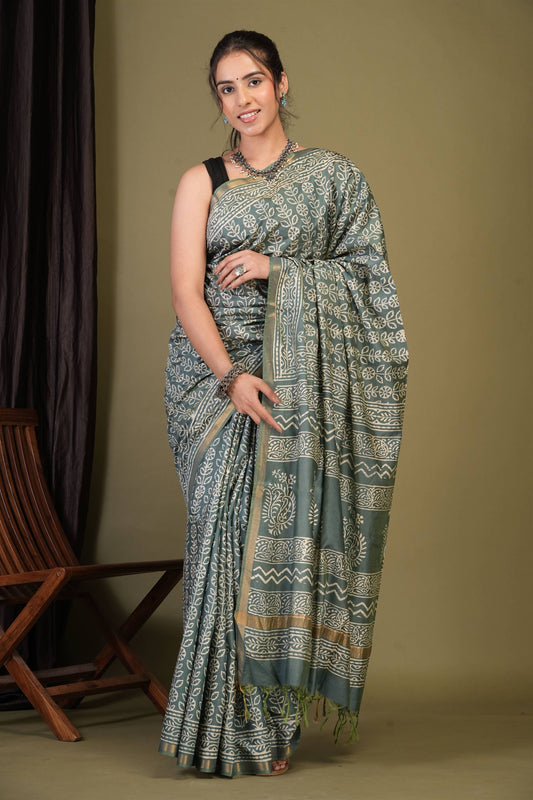 Anuttara Bhagalpuri Green Teal Cotton Silk Floral Saree with Unstitched Blouse_AFS1367-FS