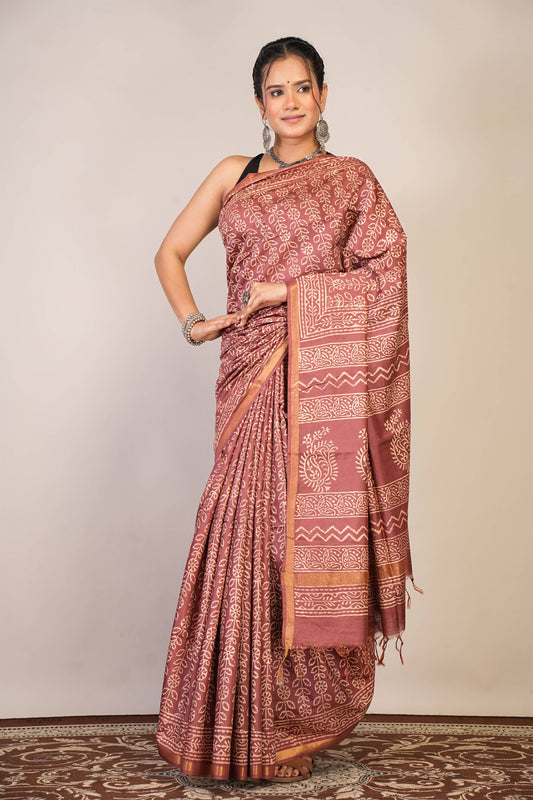 Anuttara Bhagalpuri Brown Cotton Silk Floral Saree with Unstitched Blouse_AFS1368-FS