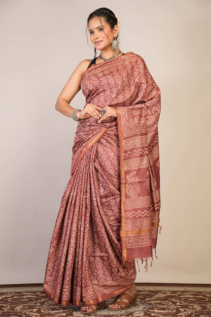 Anuttara Bhagalpuri Brown Cotton Silk Floral Saree with Unstitched Blouse_AFS1368-FS