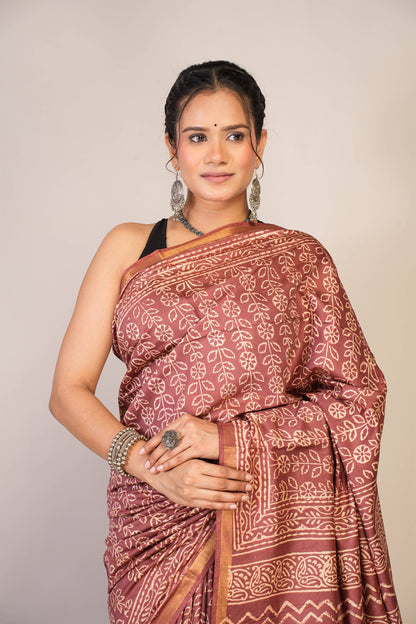 Anuttara Bhagalpuri Brown Cotton Silk Floral Saree with Unstitched Blouse_AFS1368-FS