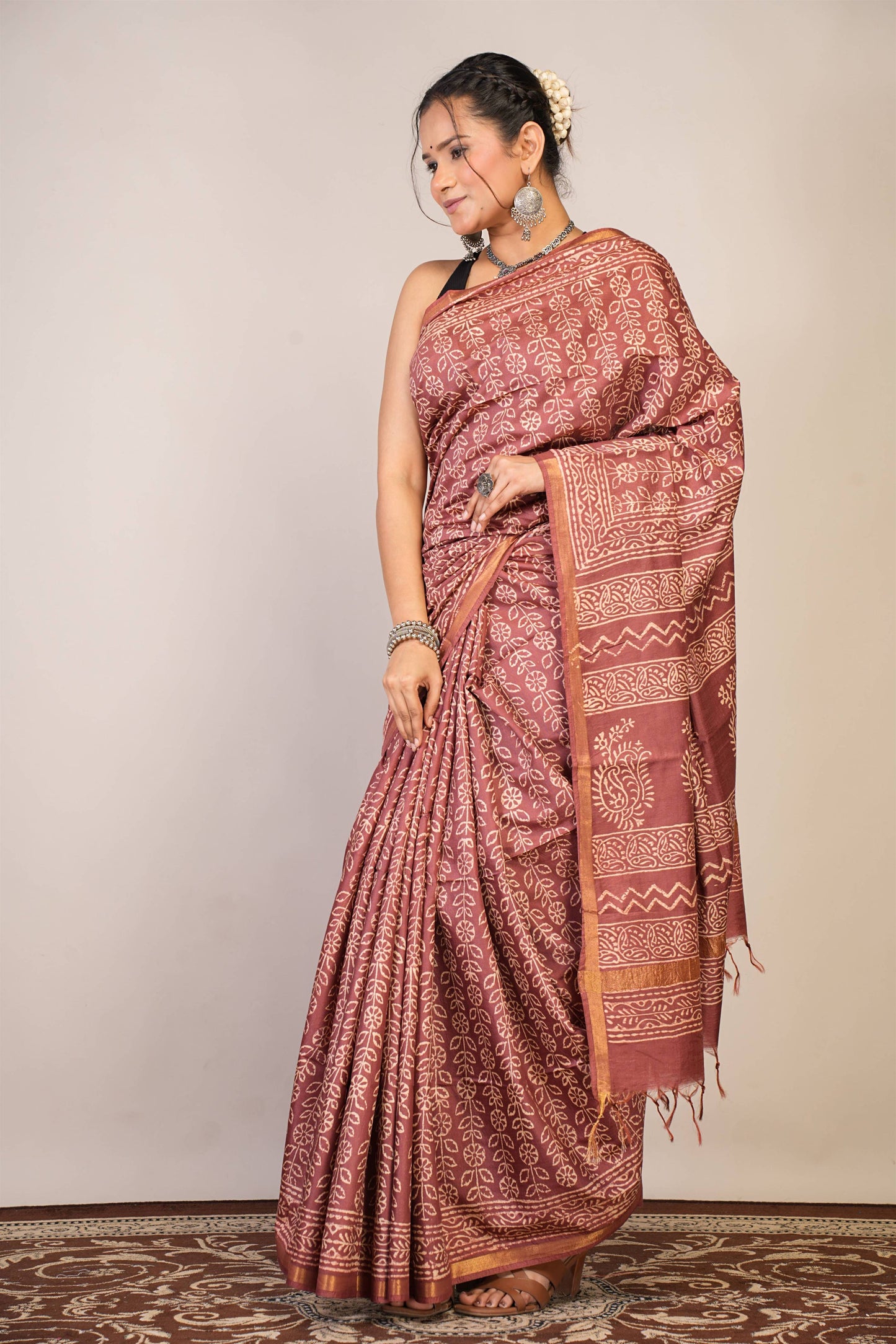 Anuttara Bhagalpuri Brown Cotton Silk Floral Saree with Unstitched Blouse_AFS1368-FS