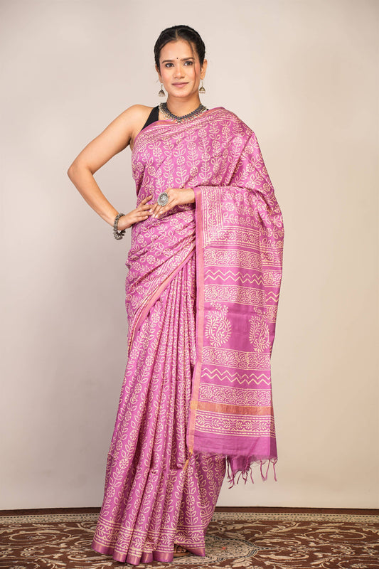 Anuttara Bhagalpuri Purple Cotton Silk Floral Saree with Unstitched Blouse_AFS1369-FS