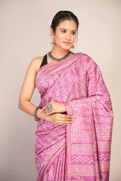 Anuttara Bhagalpuri Purple Cotton Silk Floral Saree with Unstitched Blouse_AFS1369-FS